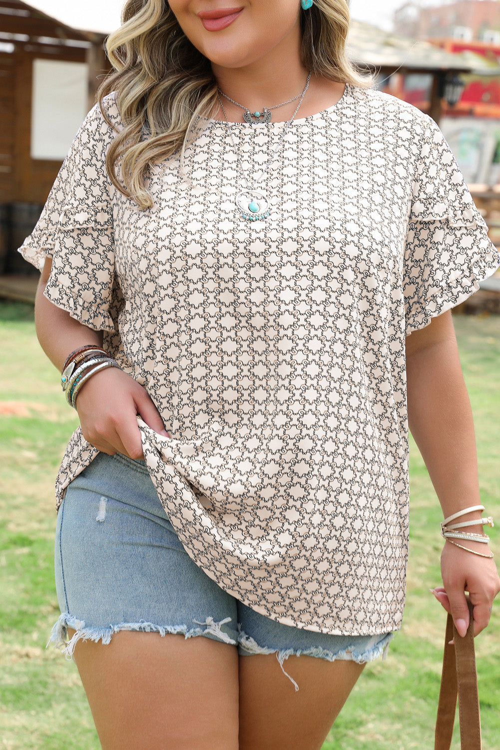 Geometric Print Ruffled Sleeve Blouse | Plus Size | Khaki | 1X–4X