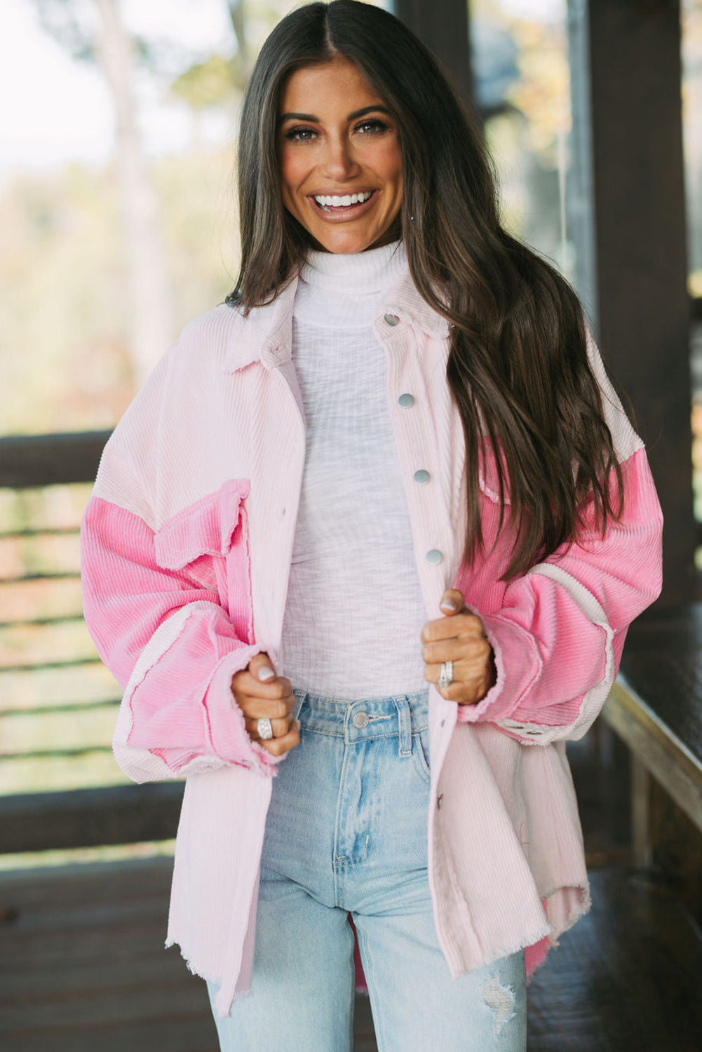 Two-Tone Pink Exposed Seam Corduroy Shacket