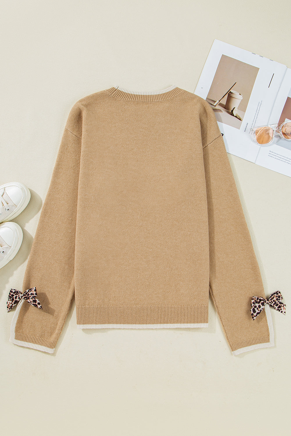 Leopard Bow Split Cuff Contrast Trim Sweater