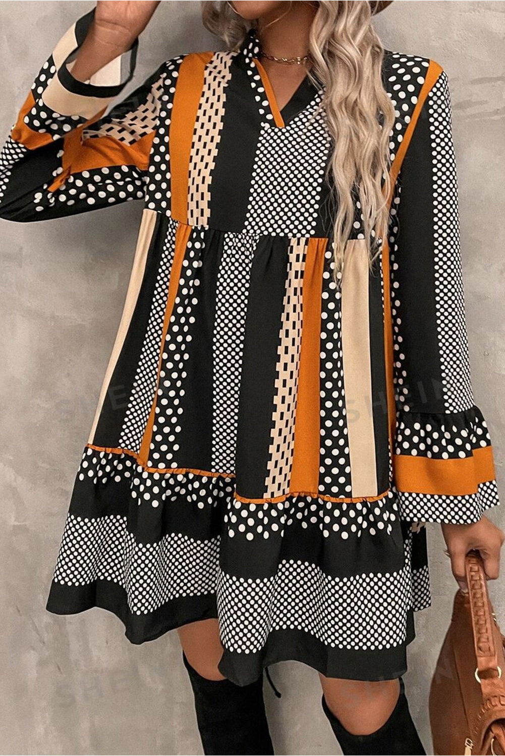 Black Striped Polka Dot Print Ruffled Hem V-Neck Mini Dress