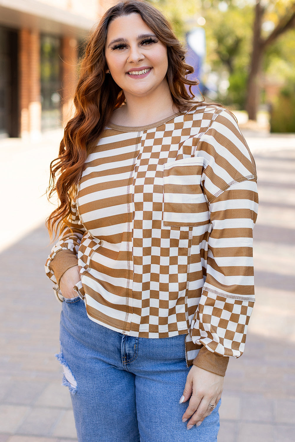 Striped Checkered Mixed Print Chest Pocket Top | Khaki | 1X–4X