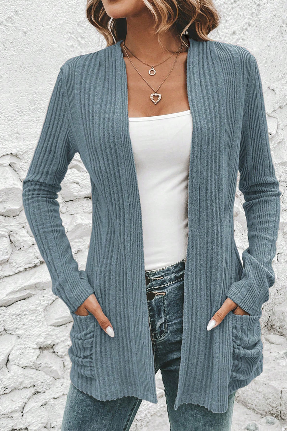 Ribbed Open Front Knitted Cardigan with Pockets