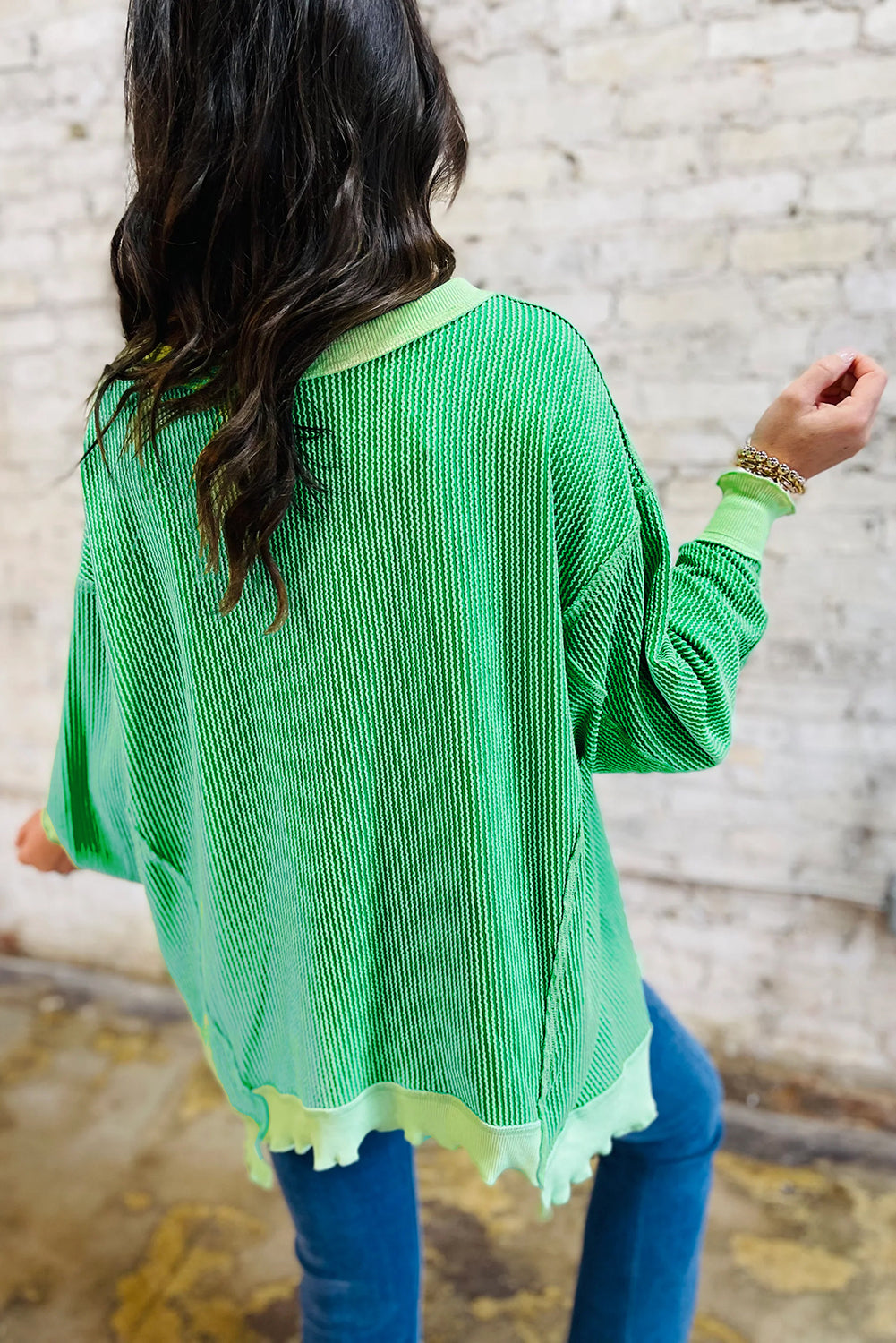 Bright Green Twisted Rib Drop Shoulder Uneven Hem Knit Top Women S-XL