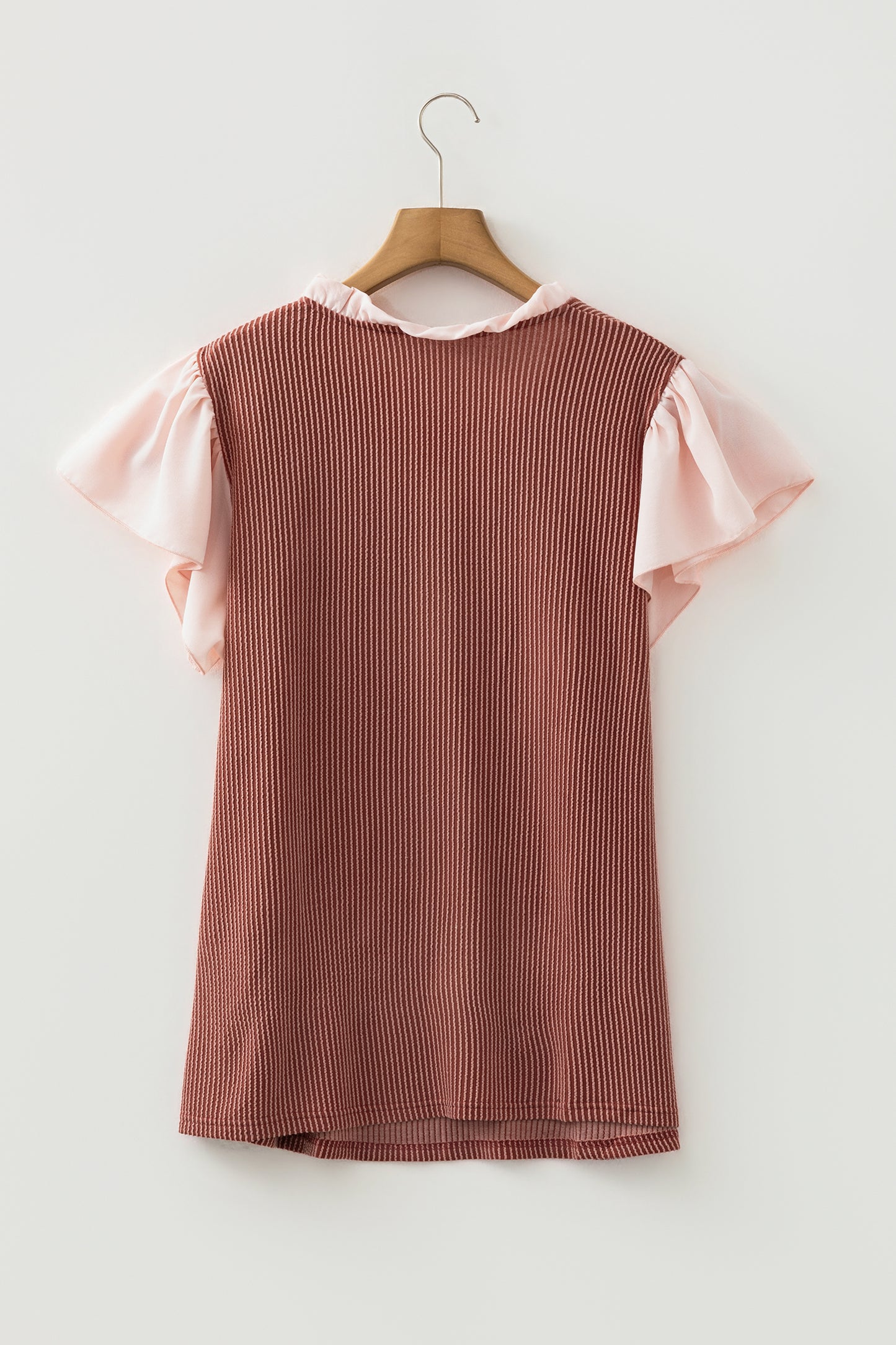 Frilled Neckline Ruffled Sleeve Ribbed Blouse | Plus Size | Rose Pink | L–4X