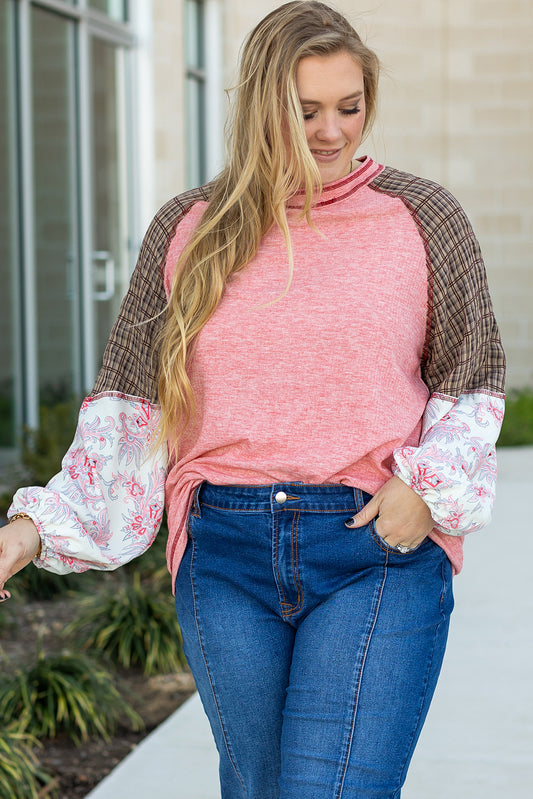 Paisley Patchwork Raglan Sleeve Ribbed Knit Top – Pink Plus Size 1X–4X