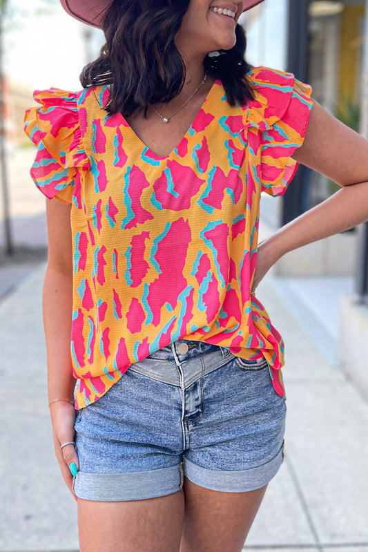 Abstract Print V-Neck Double Ruffle Sleeve Blouse