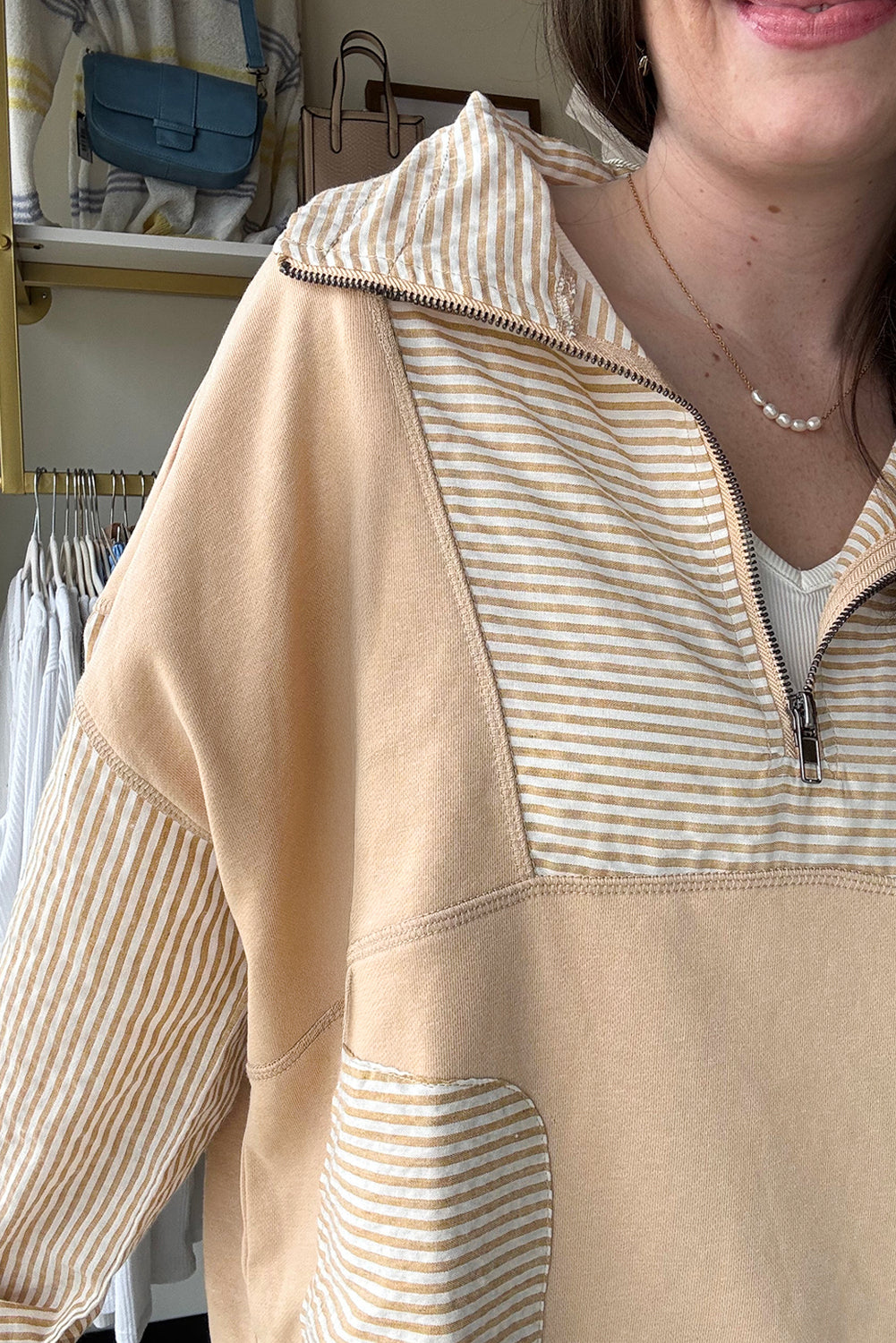 Beige Quarter Zip Striped Patchwork Drop Shoulder Loose Long Sleeve Top