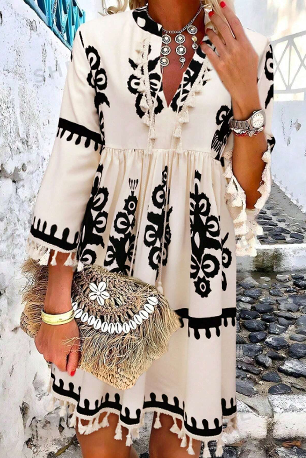 Western Pattern Print Tasseled V-Neck Mini Dress – Beige Women S–XL