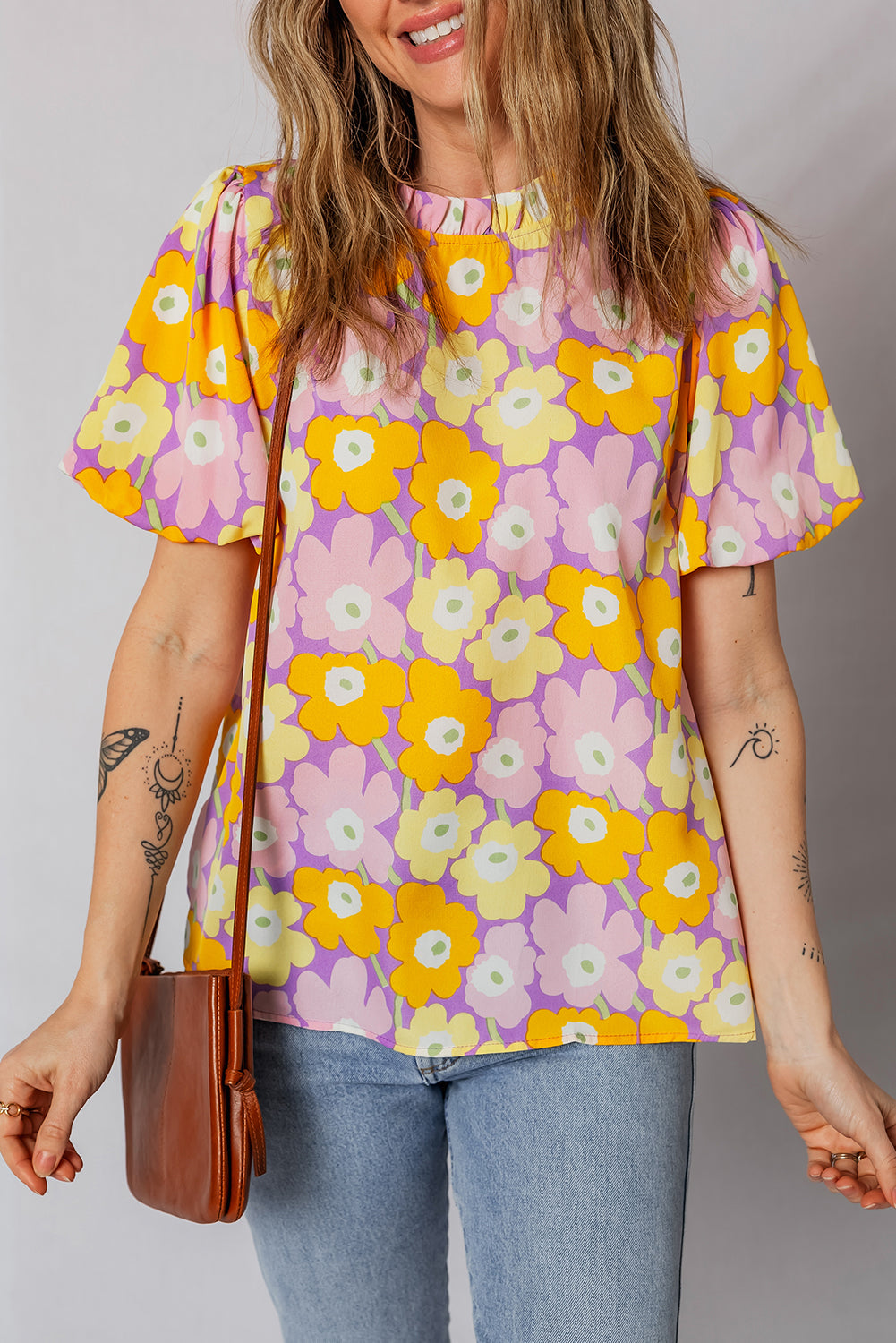 Floral Frilled Neck Puff Sleeve Blouse