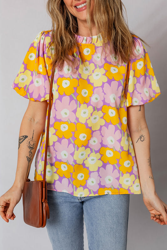 Floral Frilled Neck Puff Sleeve Blouse