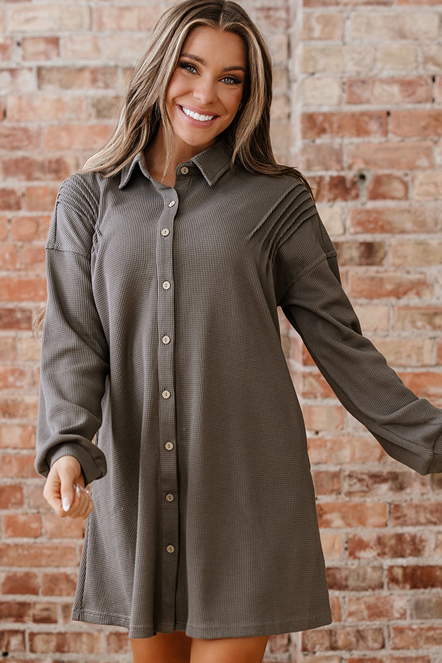 Taupe Waffle Knit Shirt Tunic Dress