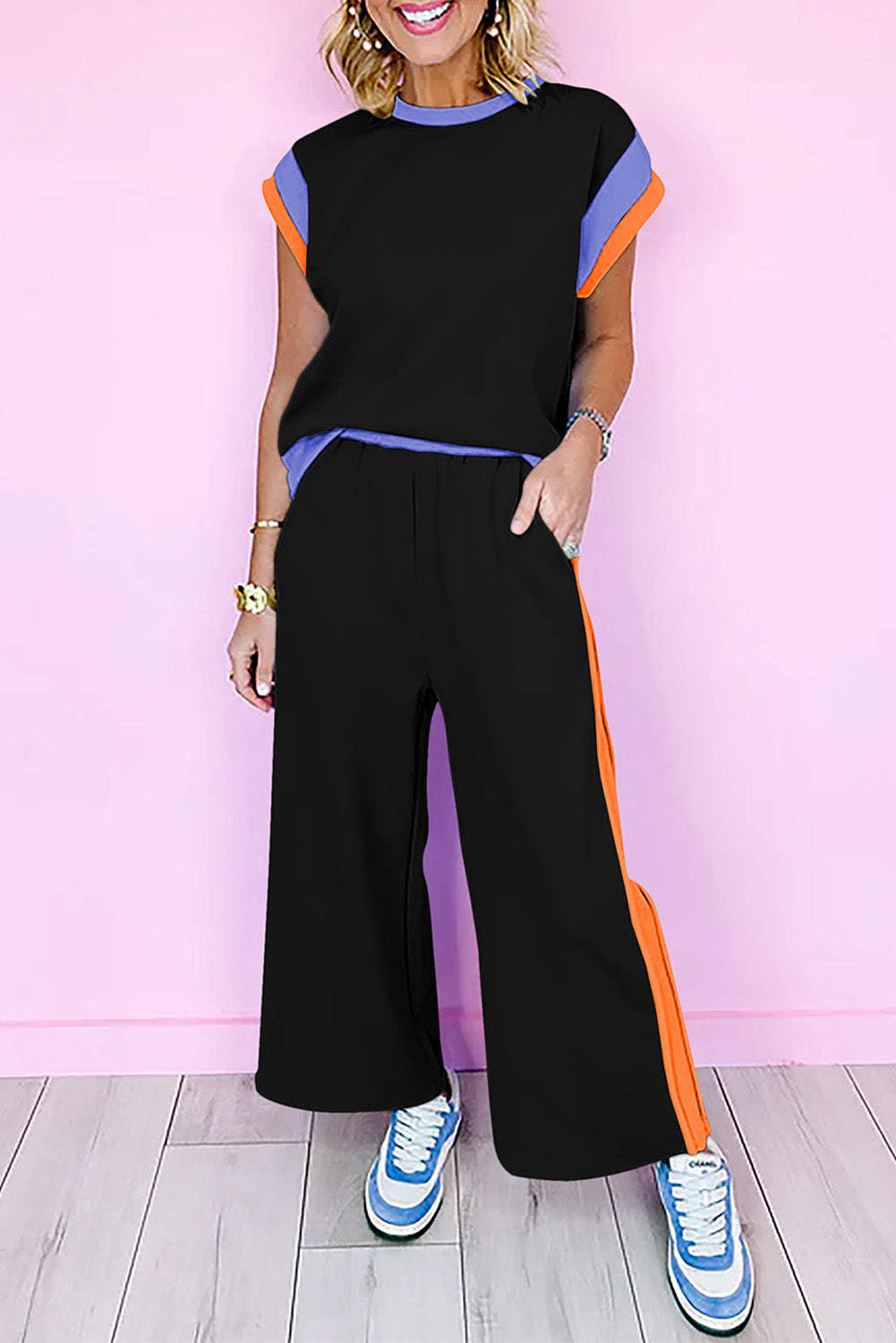 Color Block Crew Neck Cap Sleeve Top & Ankle Wide Leg Pants Set | S–2XL | 7 Colours