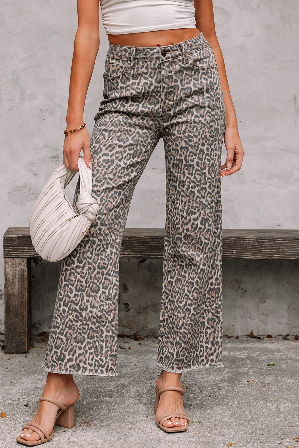 Leopard Print Wide-Leg High-Waist Jeans with Frayed Hem | Grey, Dark Grey & Brown