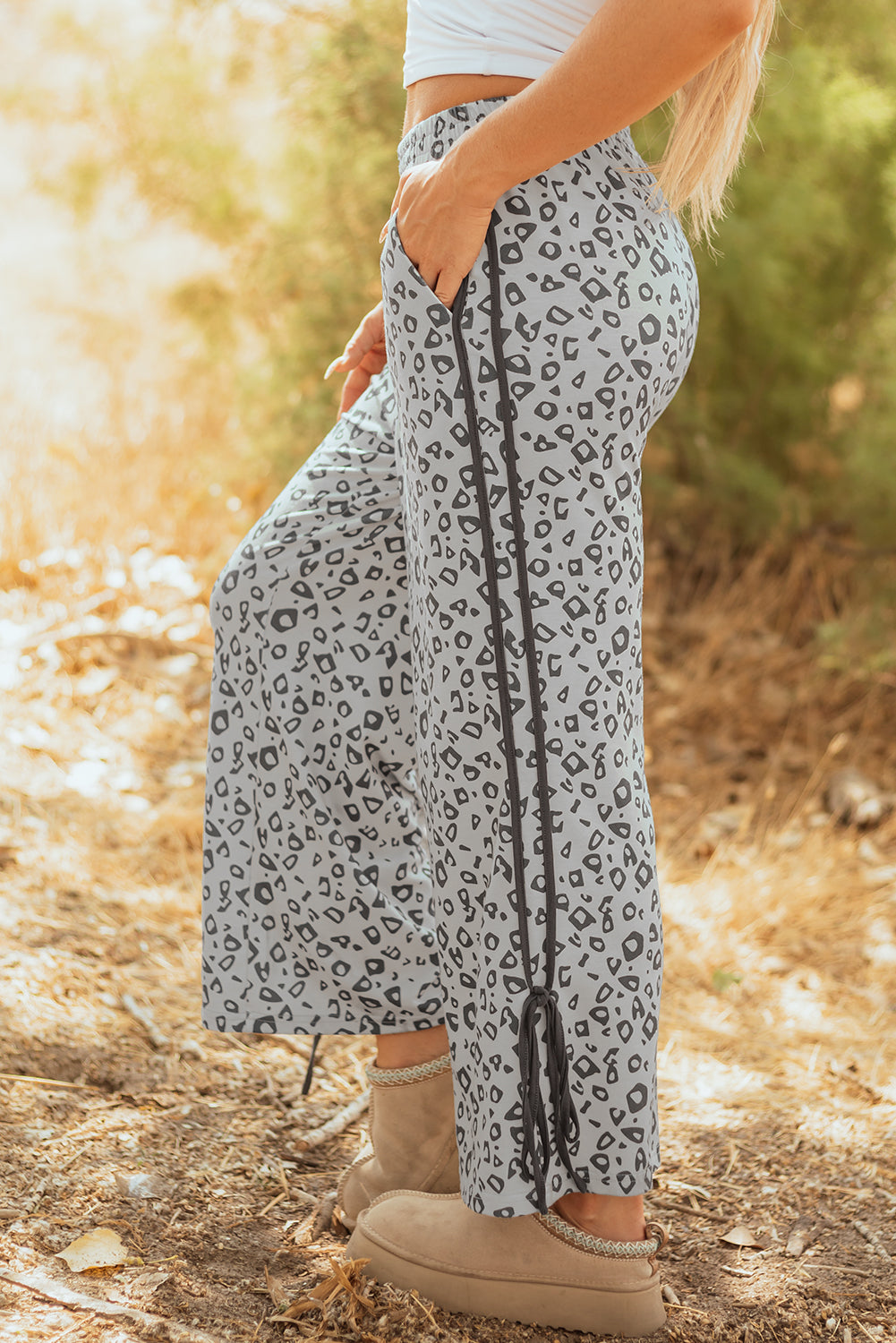 Gray Leopard Print High Waist Side Bow Straight Leg Pants