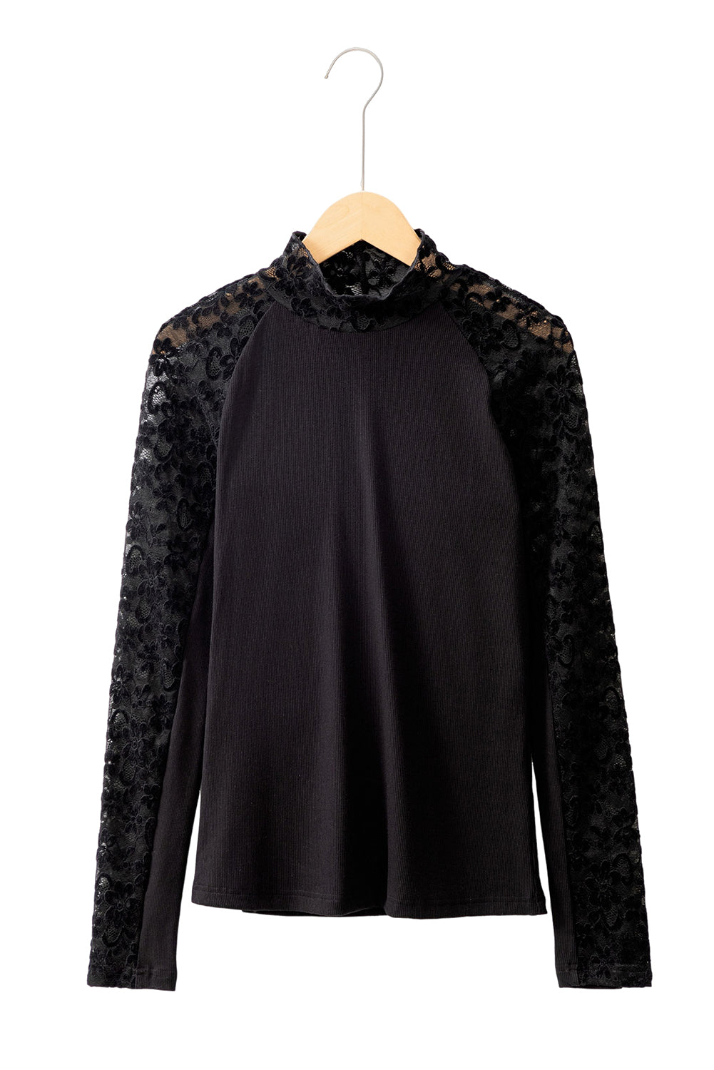 Floral Lace Patchwork High Neck Long Sleeve Slim Top | Black