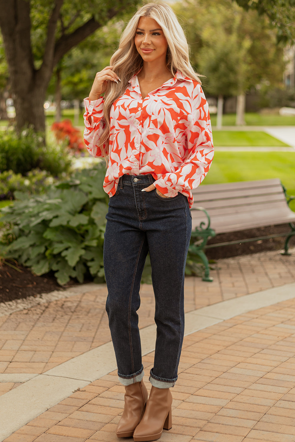 Orange Floral Blouse Women S–XL