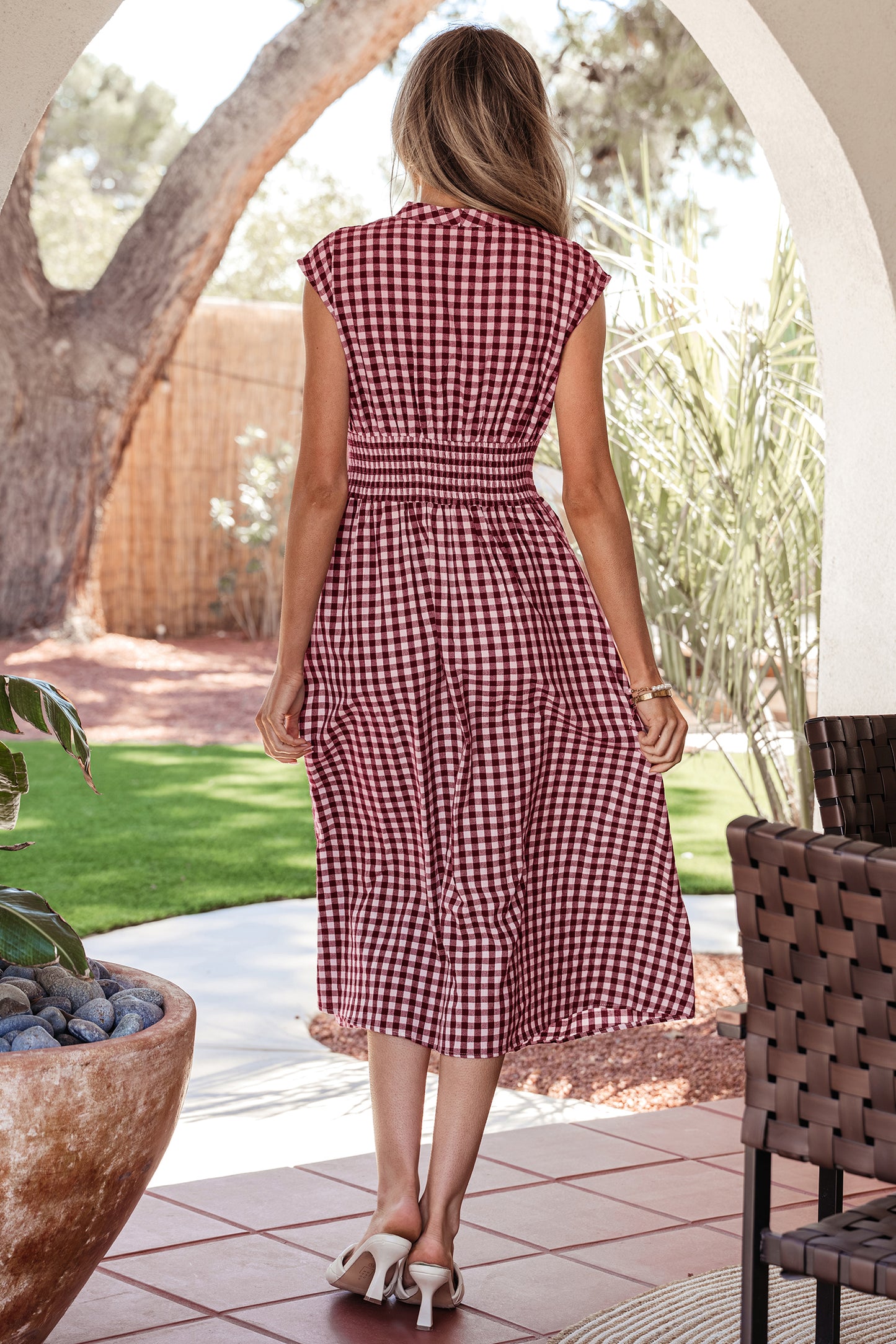 Plaid Print Zip-Front Cinched Waist Fit & Flare Sleeveless Midi Dress | Coffee & Red | S–XL
