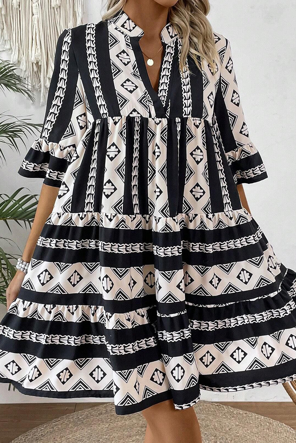 Geometric Print V-Neck Ruffle Sleeve High Waist Dress | Black | S–XL