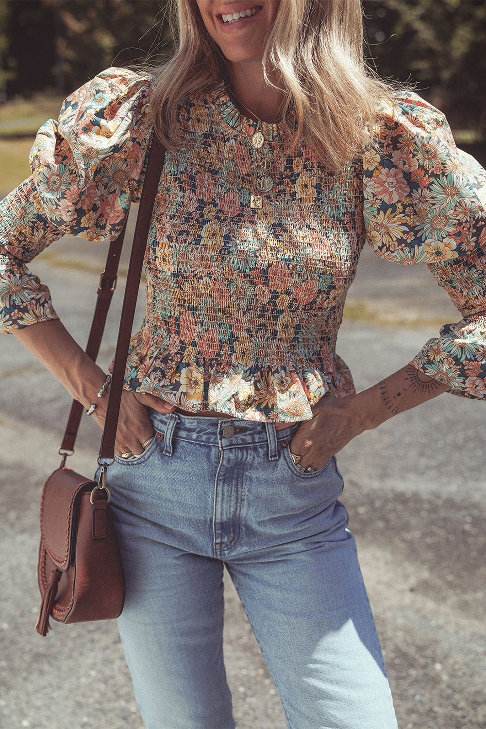Multicolor Floral Print Smocked Bubble Sleeve Ruffled Crop Top