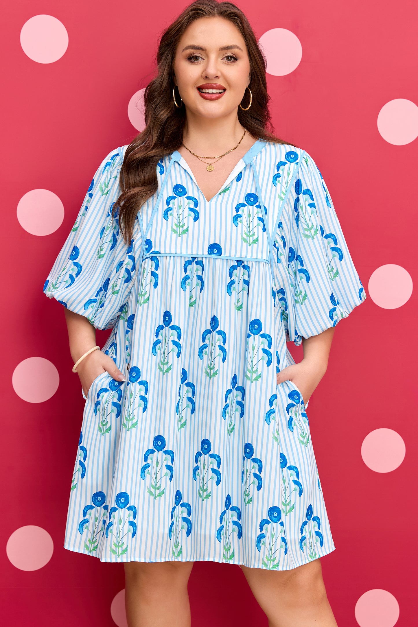 Plus Size Light Blue Floral Bubble Sleeve Dress 1X–4X