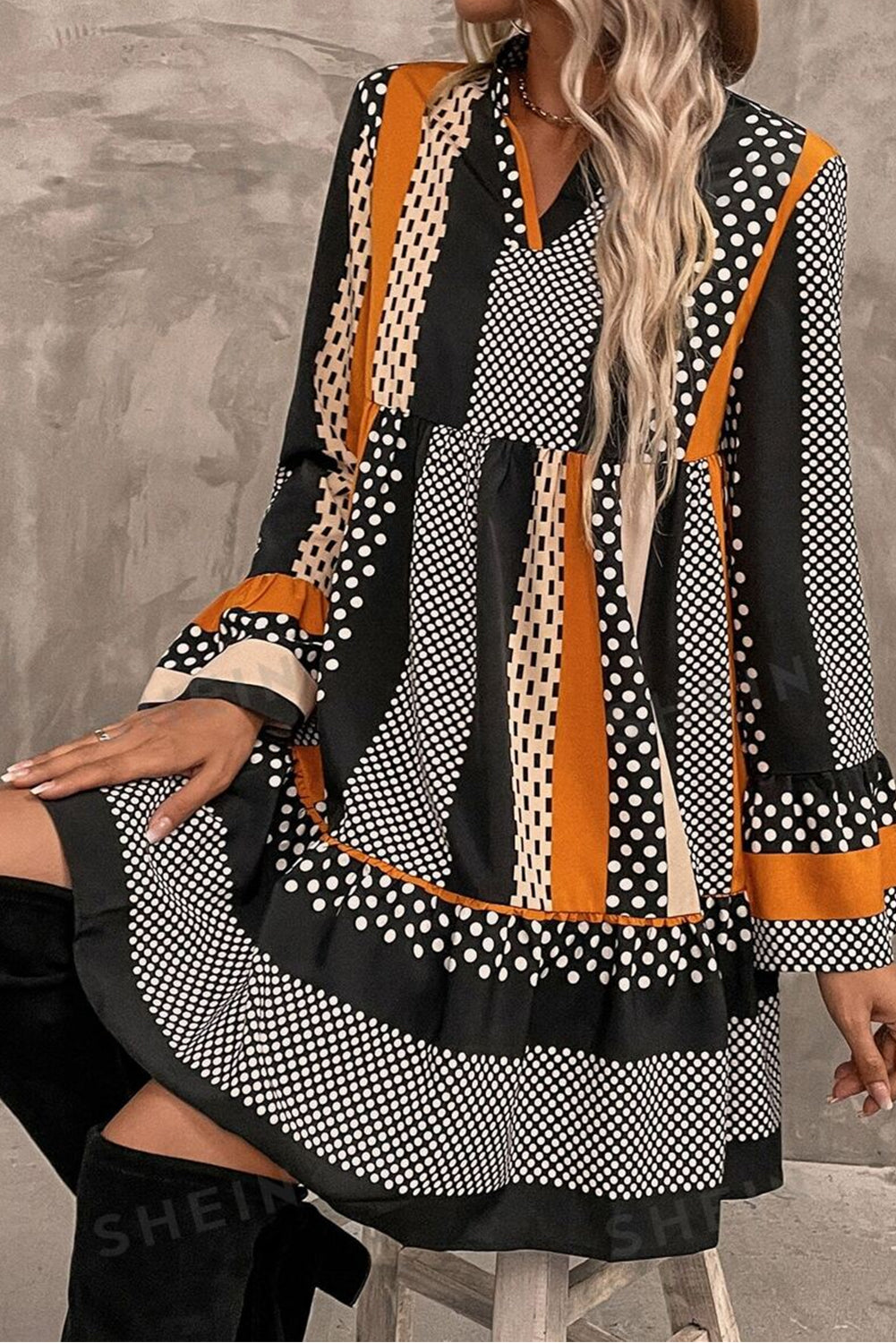 Black Striped Polka Dot Print Ruffled Hem V-Neck Mini Dress