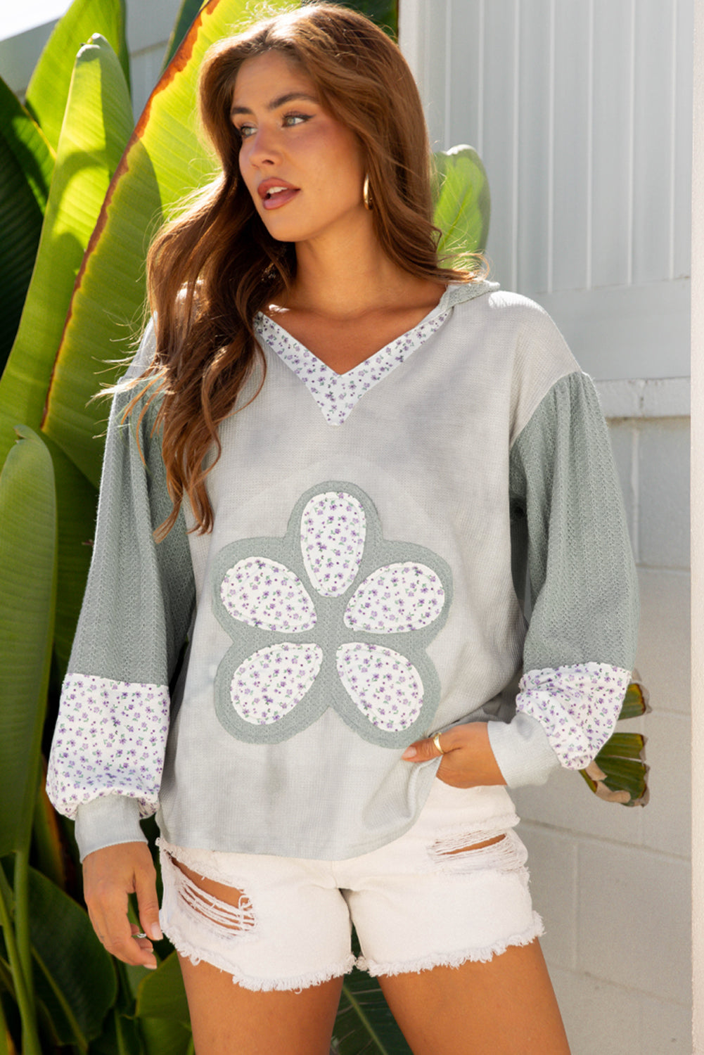 Floral Patch Waffle Texture Colorblock V-Neck Hoodie Top