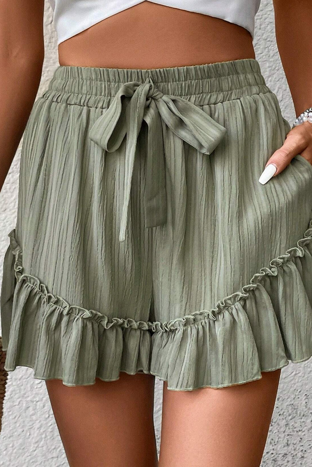 Earthy Green Textured Tie Waist Ruffle Hem Shorts
