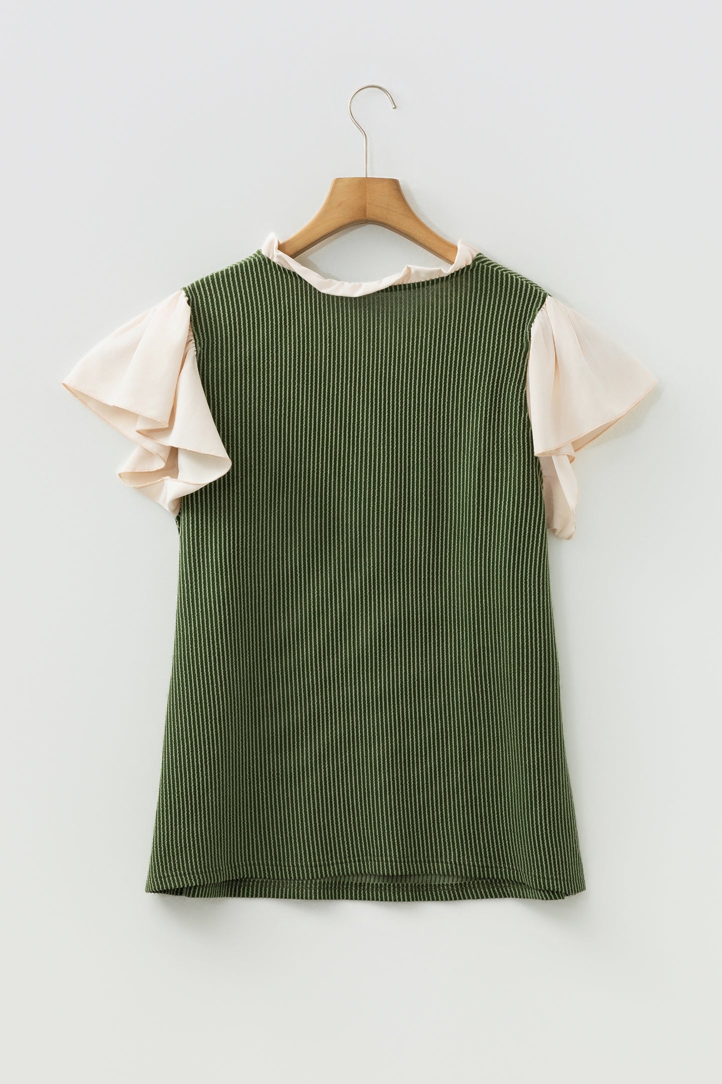 Frilled Neckline Ruffled Sleeve Ribbed Blouse | Plus Size | Vineyard Green | L–4X