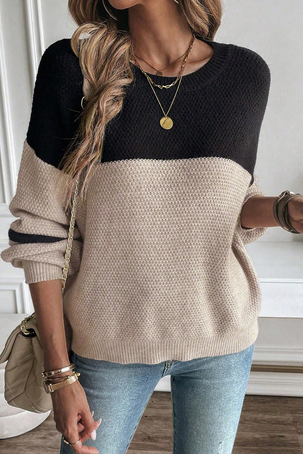 Colorblock Knit Striped Sleeve Sweater