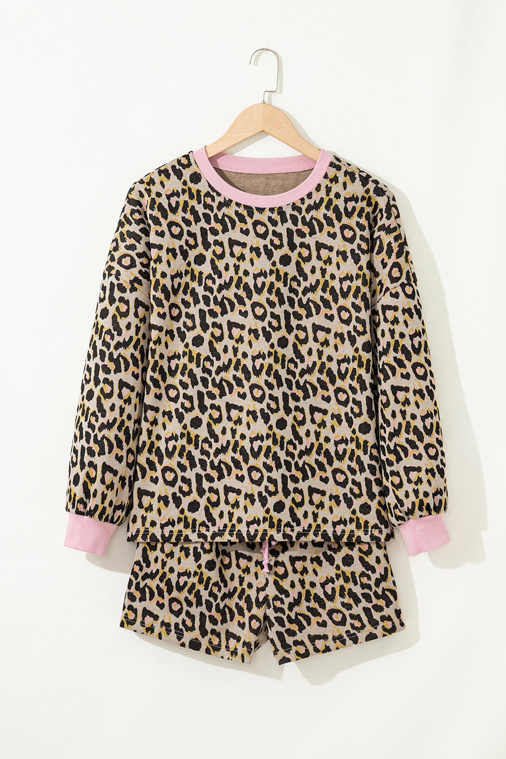 Leopard Print Contrast-Trim Long-Sleeve Pullover & Shorts Set | Pink