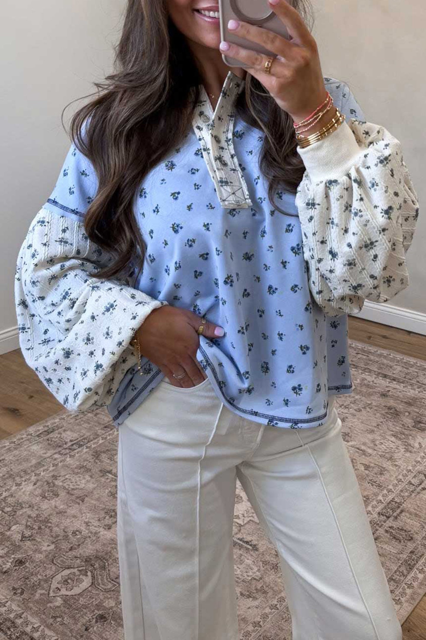 Women's Floral Print Contrast Long Sleeve Tunic Top S to XL