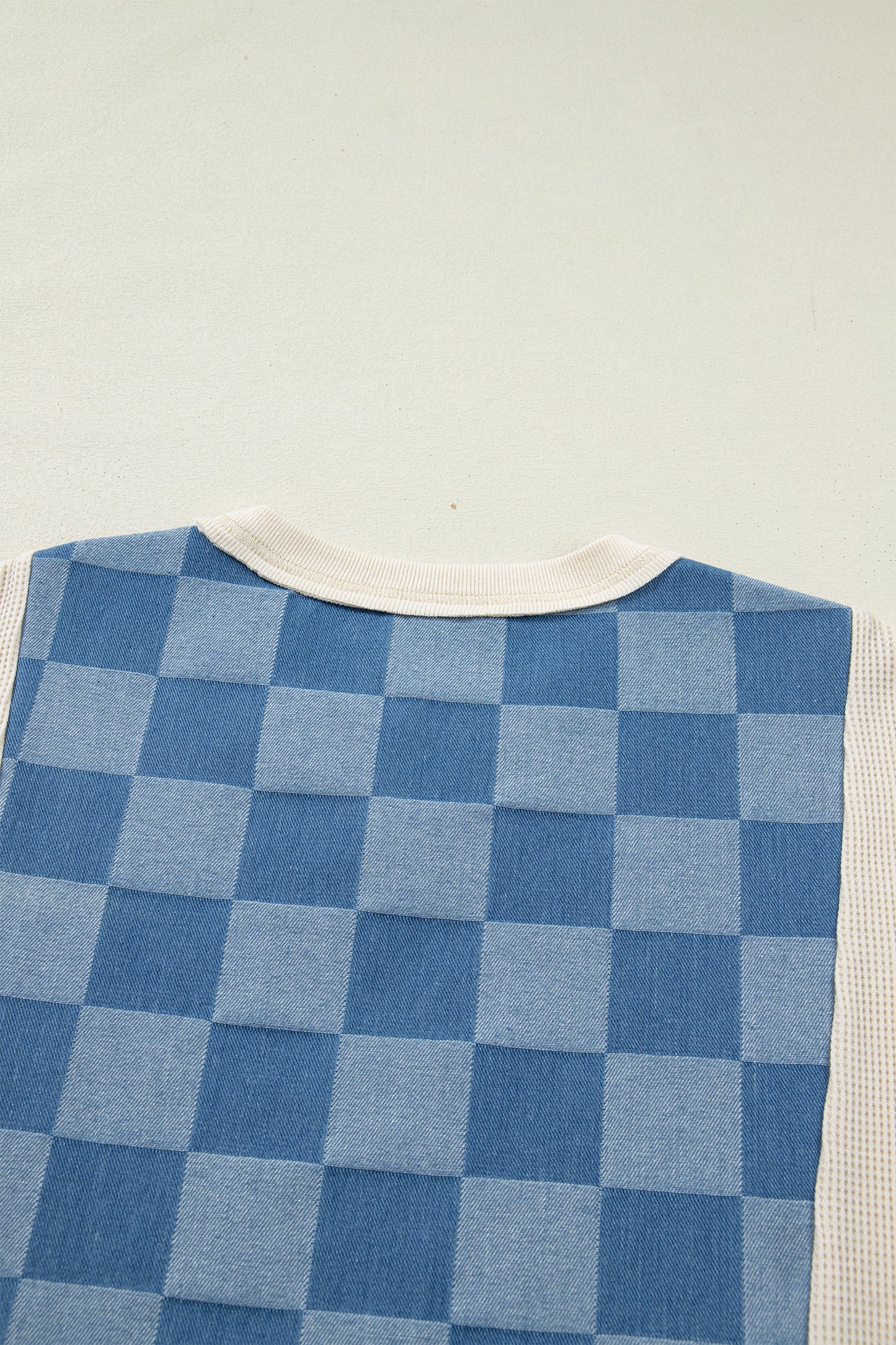 Dusk Blue Checkered Denim Patchwork Short Sleeve Loose Top | S–XL