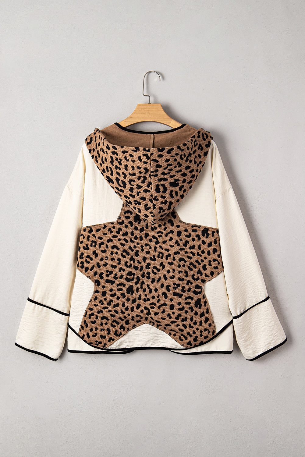 Brown Leopard Star Patchwork Contrast Piping Hooded Open Front Jacket