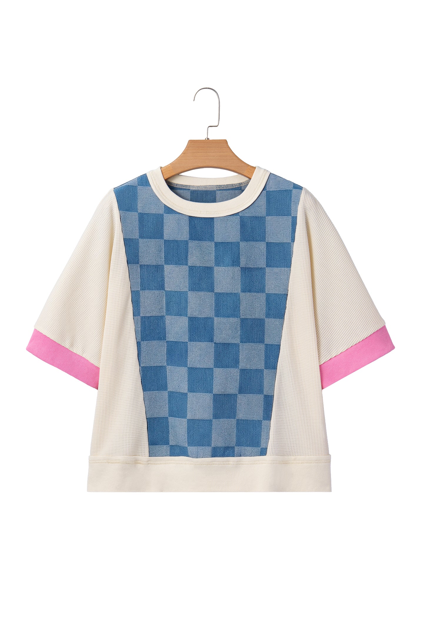 Dusk Blue Checkered Denim Patchwork Short Sleeve Loose Top | S–XL