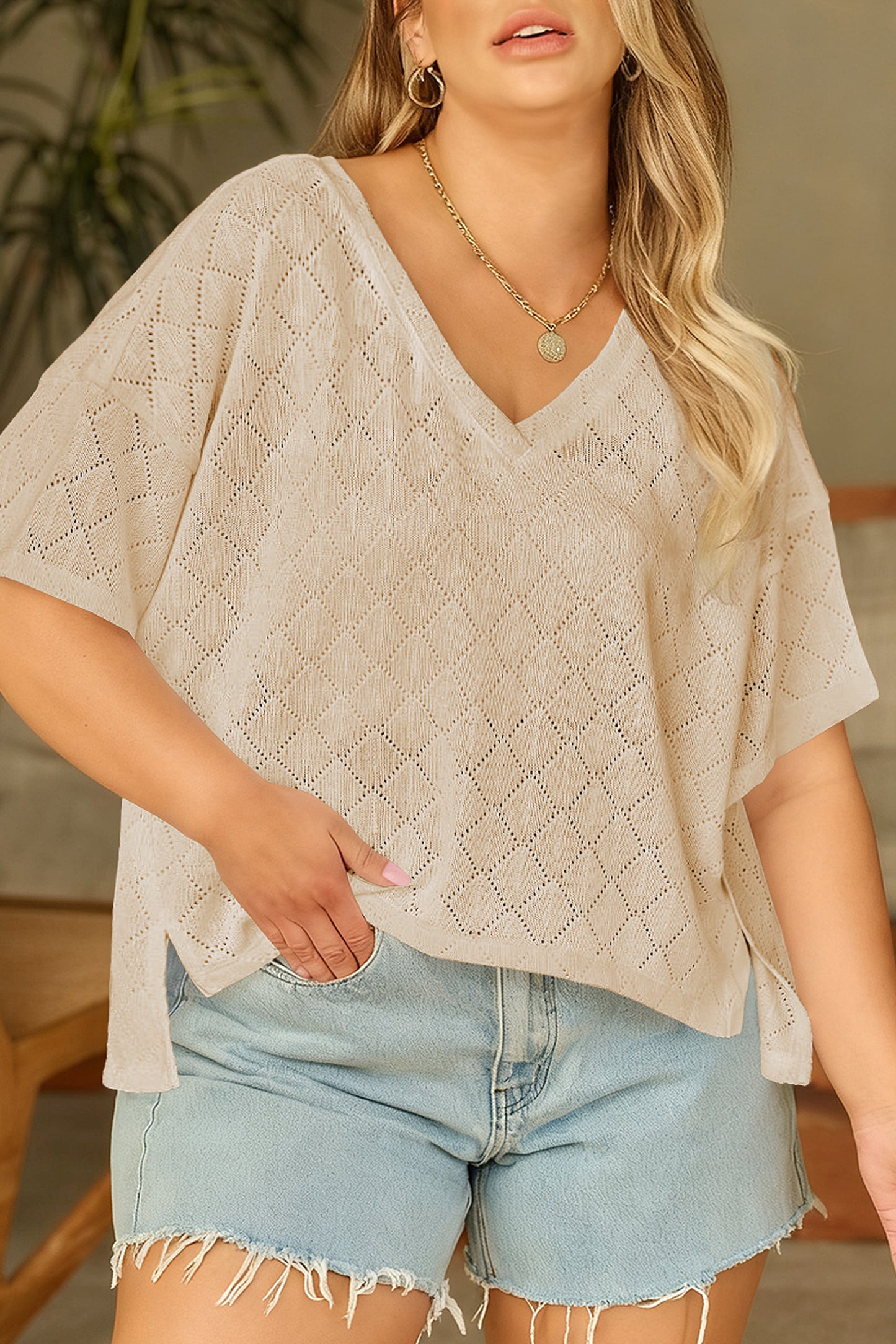 Lightweight Knit V-Neck Short Sleeve Top – Plus Size Black Light Pink Beige Blue L–4X