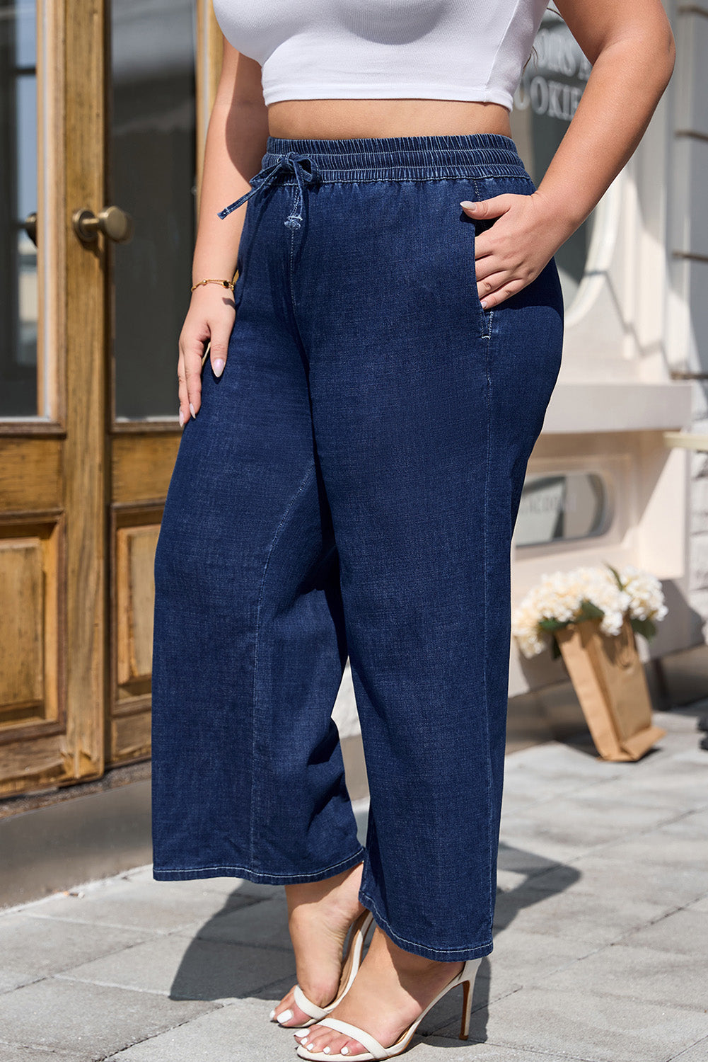 Drawstring High Waist Wide Leg Ankle Jeans – Plus Size Dark Blue 1X–4X