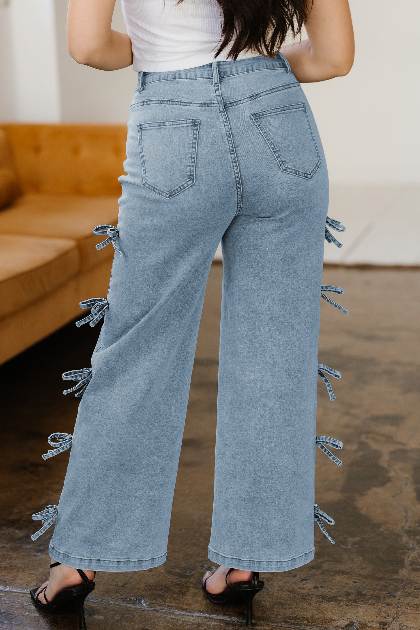 Light Blue Bow Knot Side Detail High Waist Straight Leg Jeans