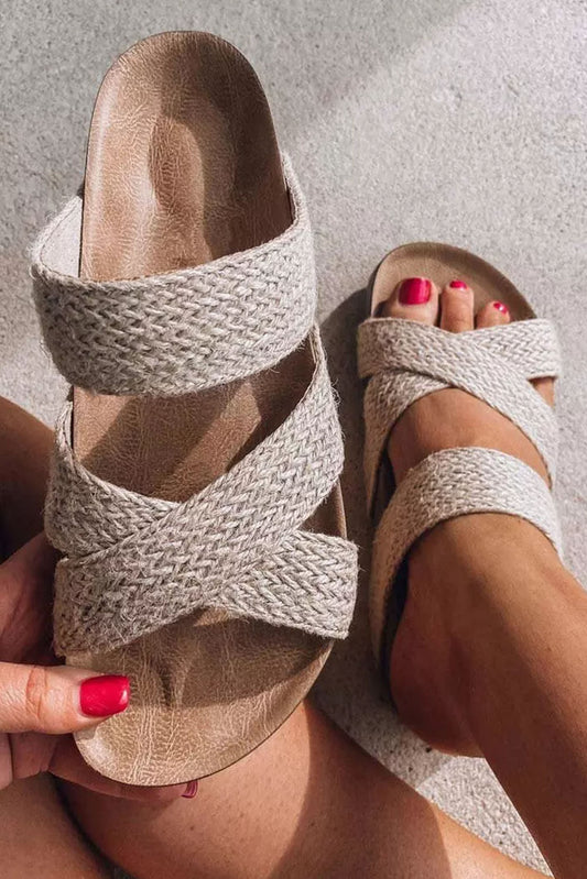 Beige Woven Crisscross Hollowed Platform Slides