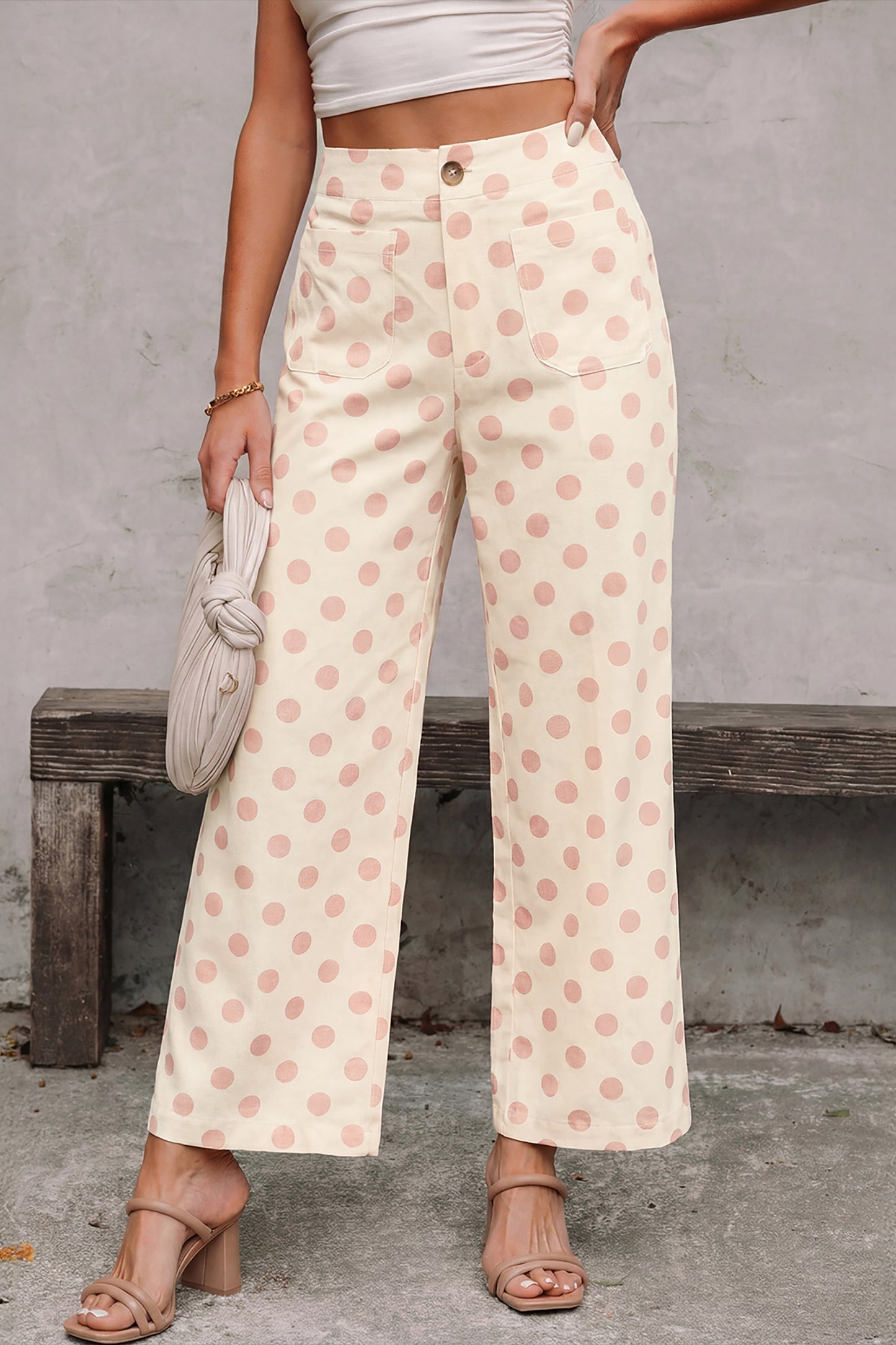 Polka Dot Print Cropped Straight-Leg Pants with Patched Pockets | Black & White