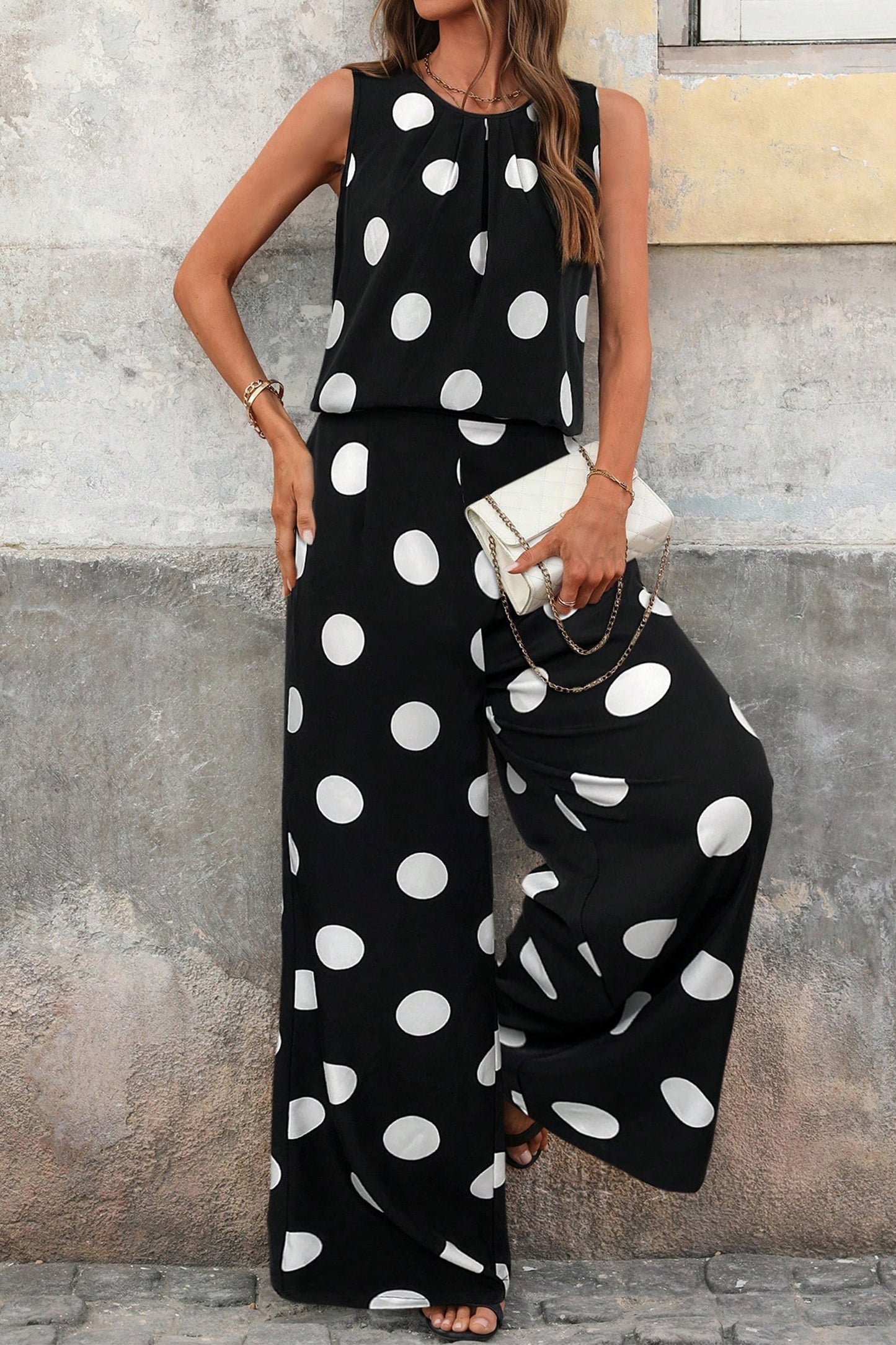 Black Polka Dot Tank and Wide Leg Pants Set Women S–XL