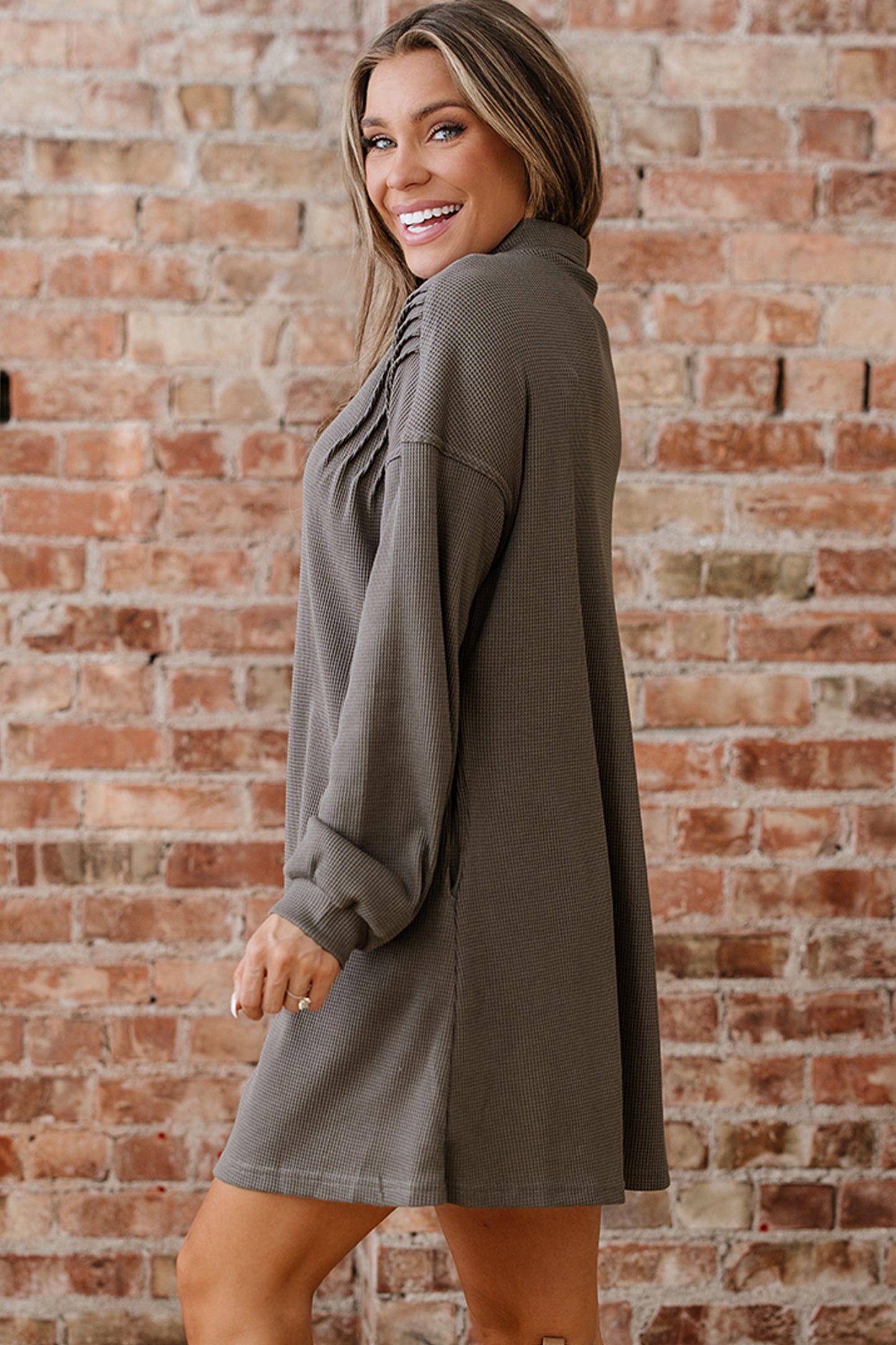 Taupe Waffle Knit Shirt Tunic Dress