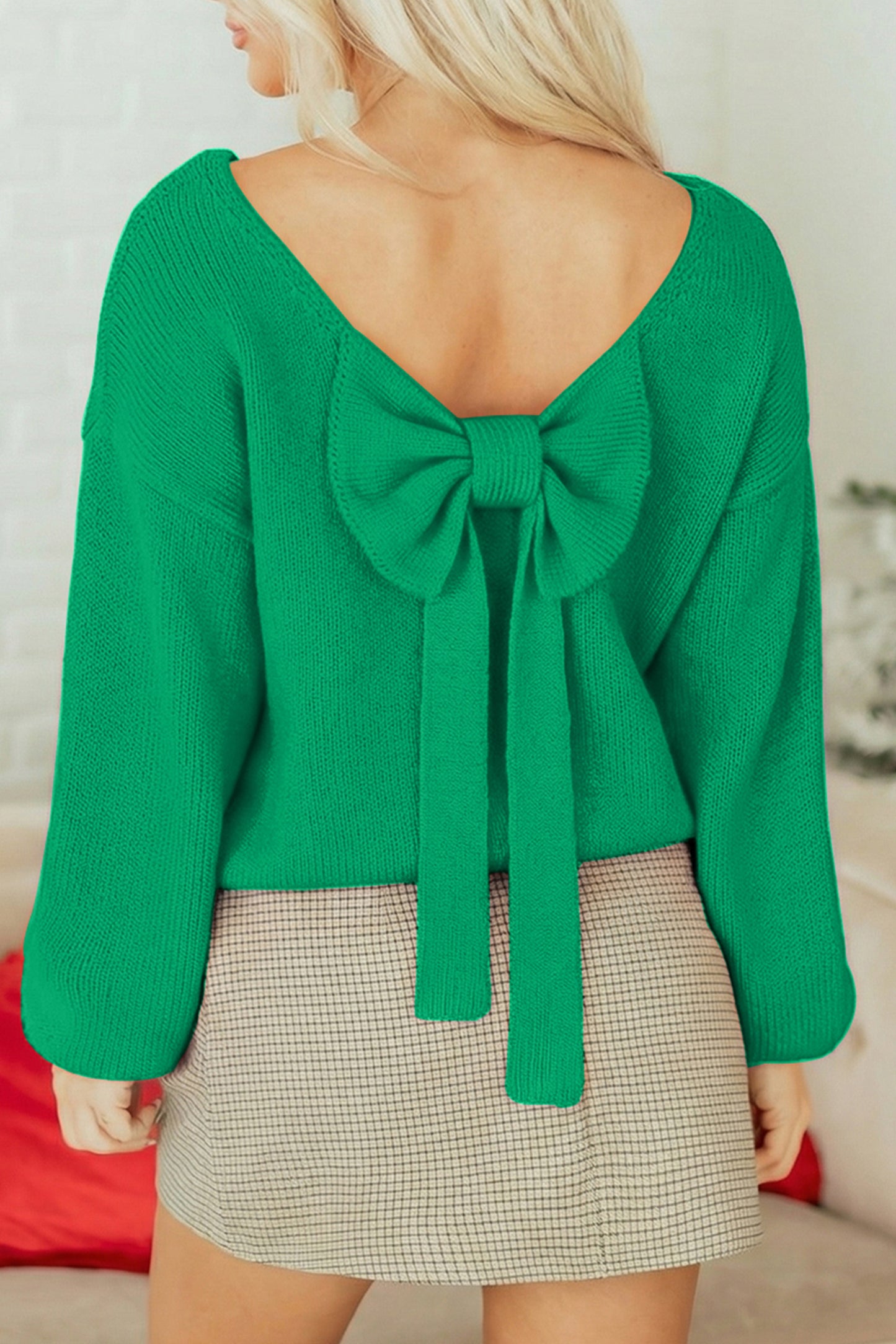 Bow Backless Bubble Sleeve Sweater | Bright Green