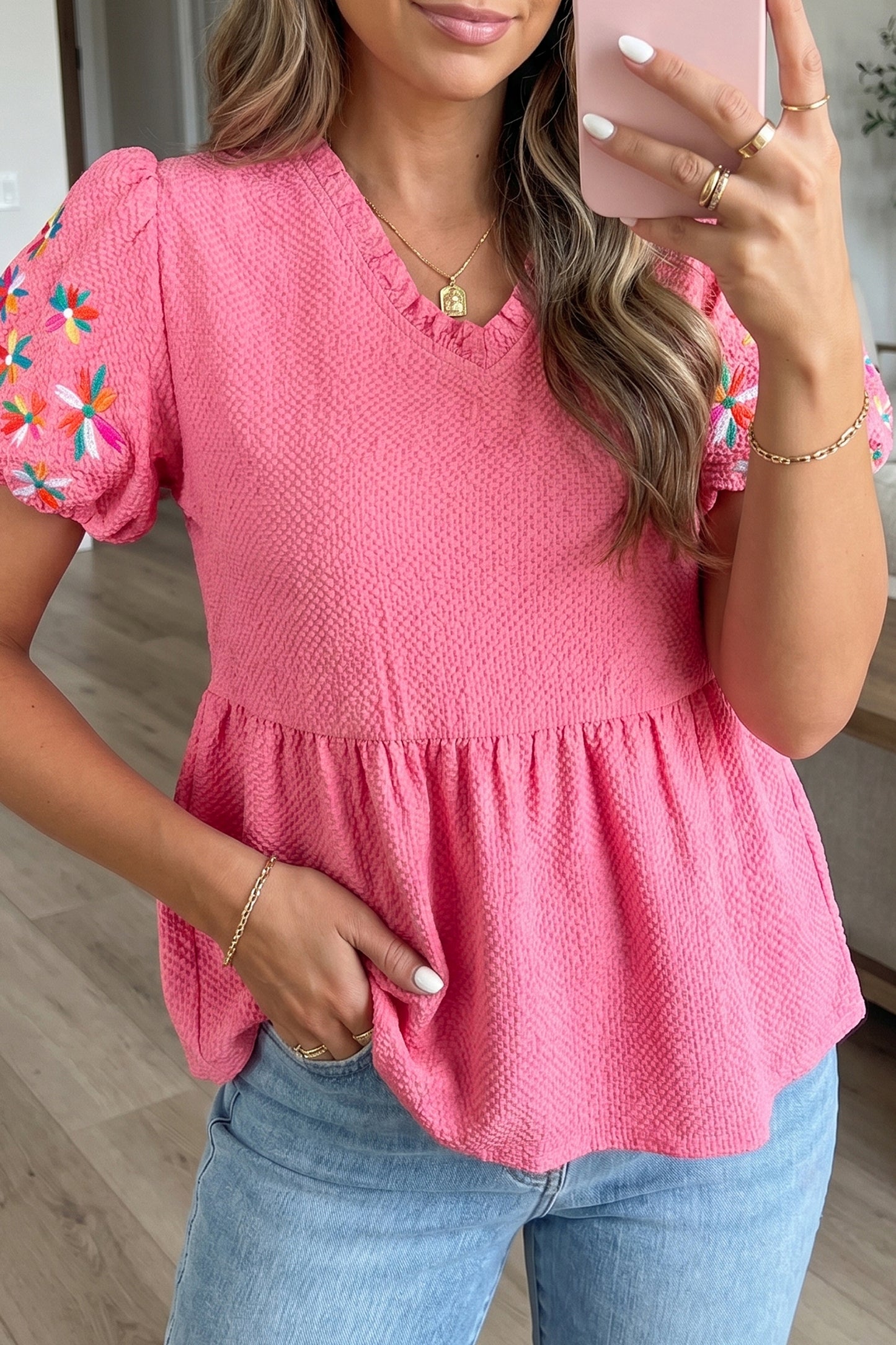 Pink Flower Embroidered Puff Sleeve Frilled V-Neck Babydoll Blouse | S–XL