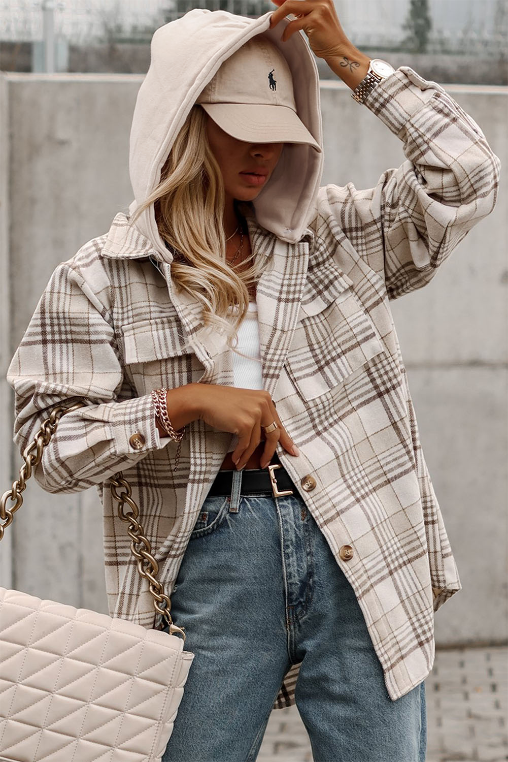 Khaki Plaid Removable Hood Chest Pocket Buttoned Shacket