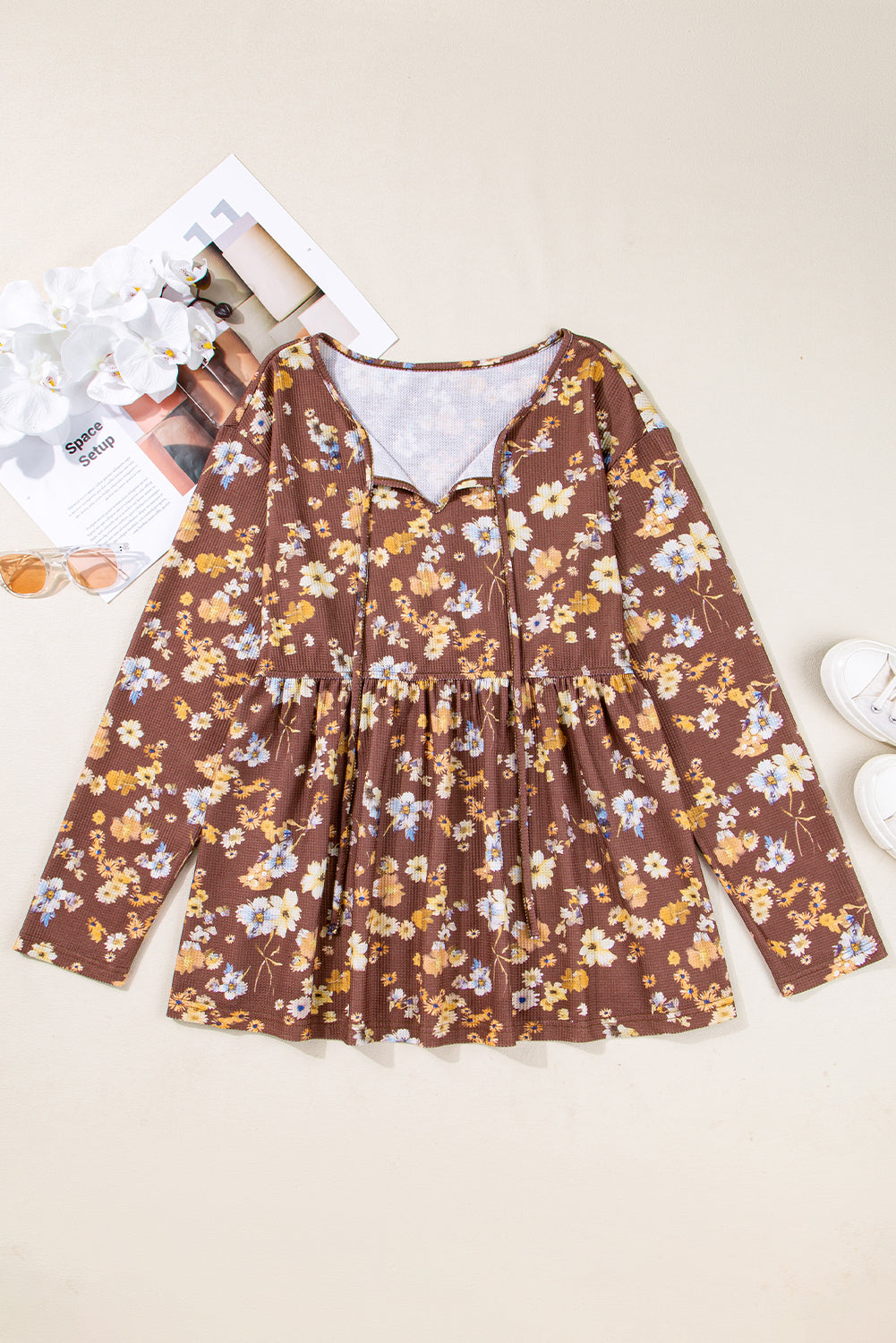 Floral Textured Tied Neck Long Sleeve Babydoll Blouse | Plus Size | Khaki | 1X–4X