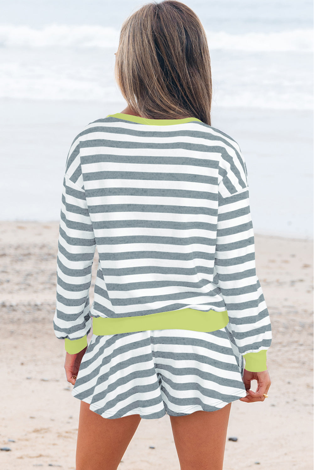 Black Stripe Gray Stripe Contrast Ribbed Banding Long Sleeve Blouse Loose Shorts Set