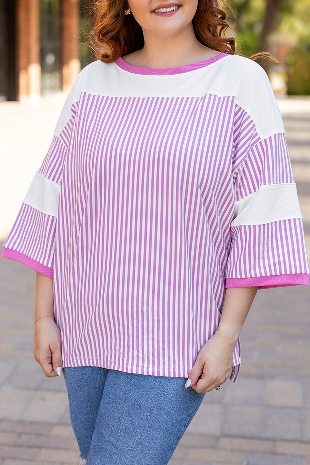 Stripe Patchwork Bracelet Sleeve T-Shirt | Plus Size | Pink Stripe | 1X–3X