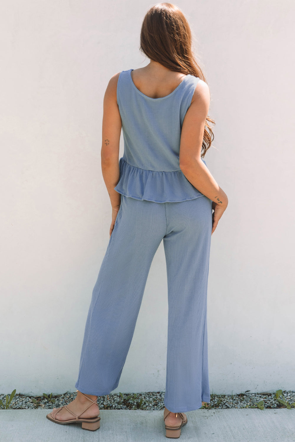 Ribbed Ruffle Hem Tank Top & Pants Set