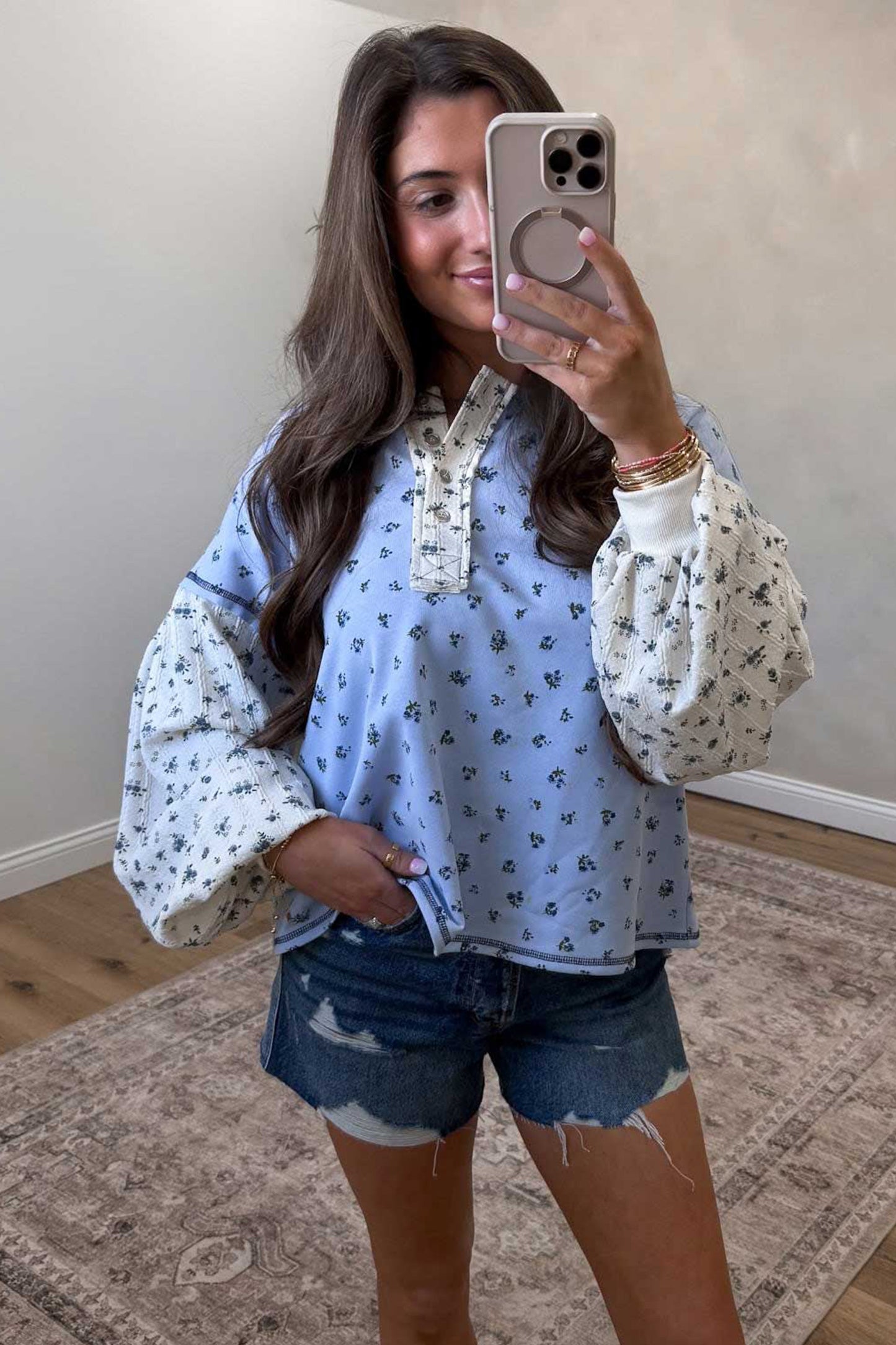 Women's Floral Print Contrast Long Sleeve Tunic Top S to XL
