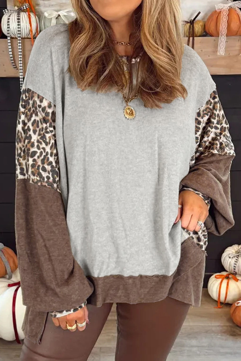 Leopard Color Block Patchwork Dolman Sleeve High-Low Sweatshirt | Plus Size | Grey | 1X–4X